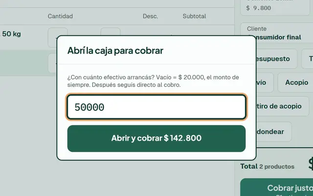Mostrador de un corralón: el cajero escribe 12 cemento y 6 cal, la caja pide el efectivo inicial y la venta queda cobrada en efectivo.