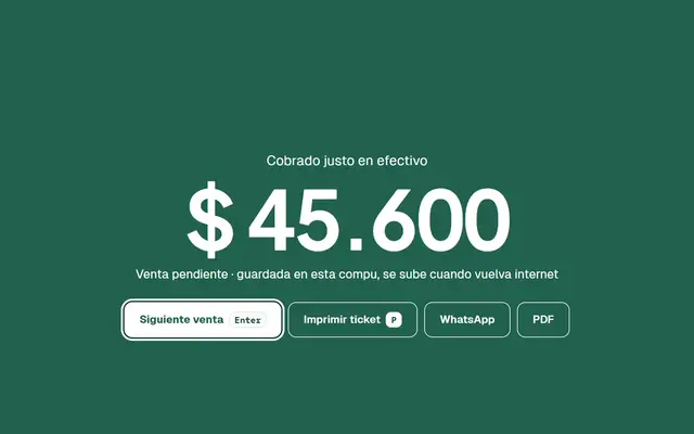 Mostrador de una pinturería sin conexión: aviso de sin internet, una venta cobrada que queda guardada por subir y la vuelta a en línea.