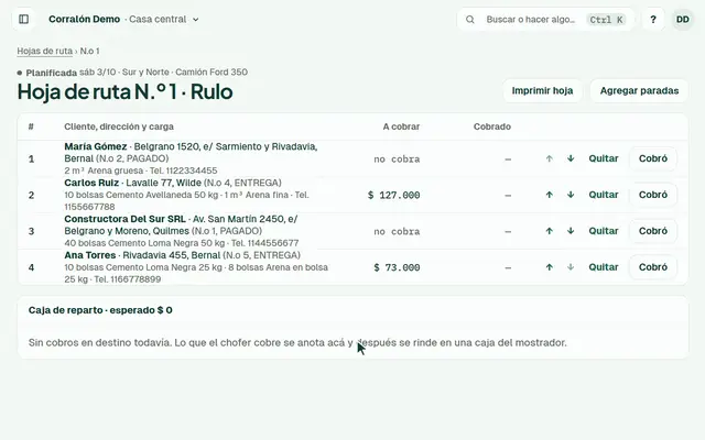 Hoja de ruta N.º 1 del chofer: se suma una entrega como cuarta parada y se abre la hoja para imprimir.