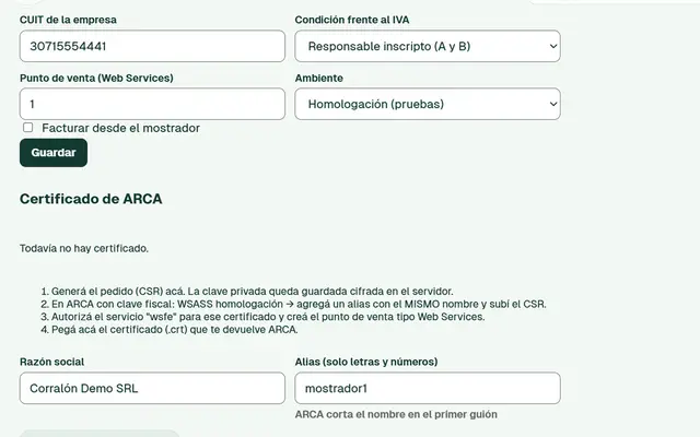 Configuración de Facturación ARCA: se carga el CUIT, la condición de responsable inscripto y se genera el pedido del certificado.