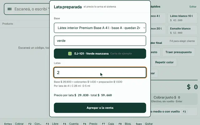 Lata preparada en el mostrador: base A de 4 litros, color Verde manzana, dos latas y el precio calculado por lata.